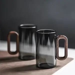 Premium Quality Heat Resistant Glass Cup with Walnut Wooden Handle - 350ml Drinkware Borosilicate