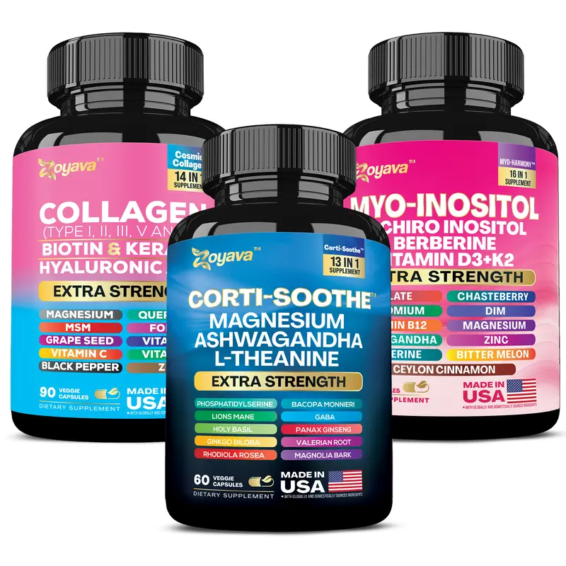 She Shines Set - Zoyava Ultimate Women's All-in-One Dietary Supplement with Corti-Soothe, Myo-Inositol, Collagen & Extra Strength Ingredients for Fitness & Healthcare - Made in USA