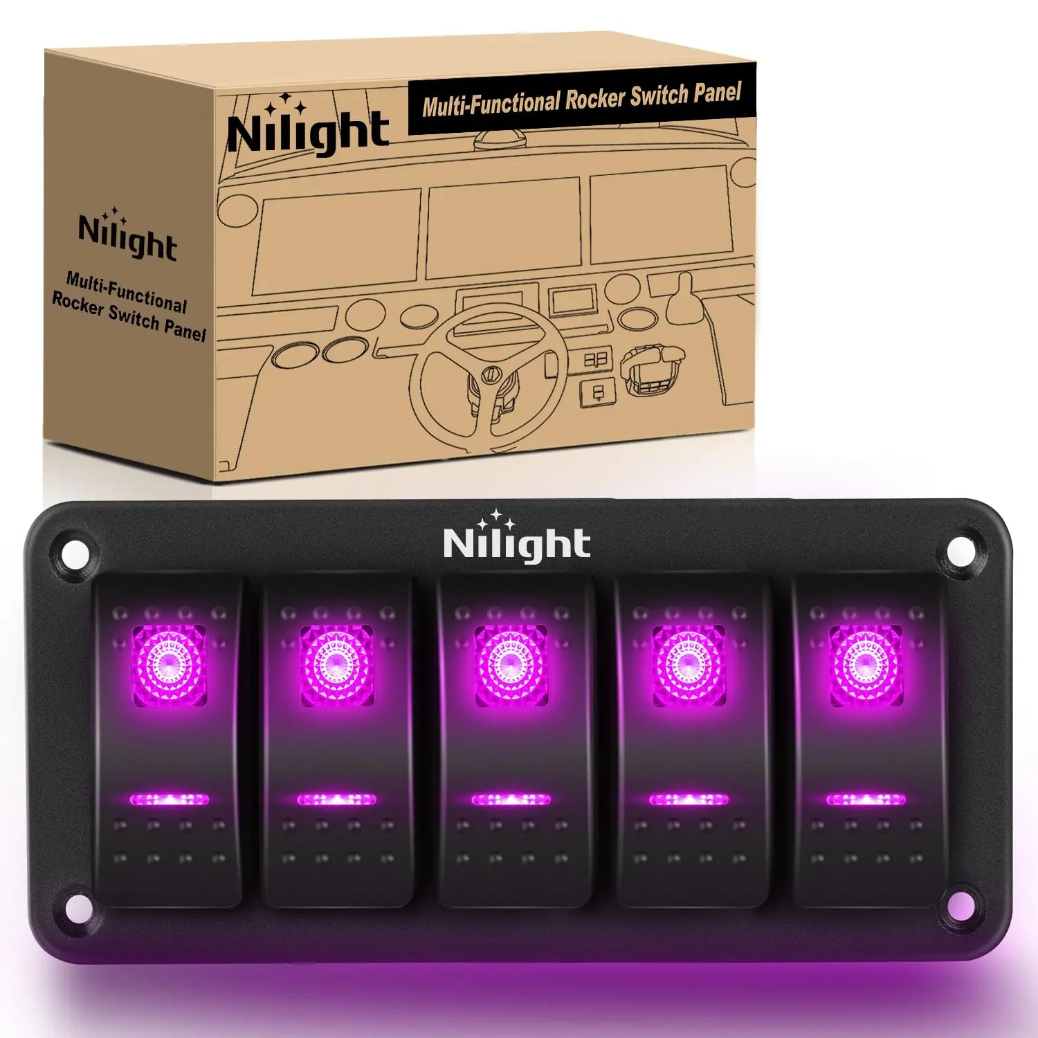 Nilight 5-Gang Aluminum Rocker Switch Panel - 5-Pin SPST Design, Premium Purple LED Light, Pre-Wired Waterproof Toggle Switches, Superior ABS+PC Material, 12V/24V for Car, Boat, Marine, SUV, Panel Mount Applications, DIY Sticker Compatible