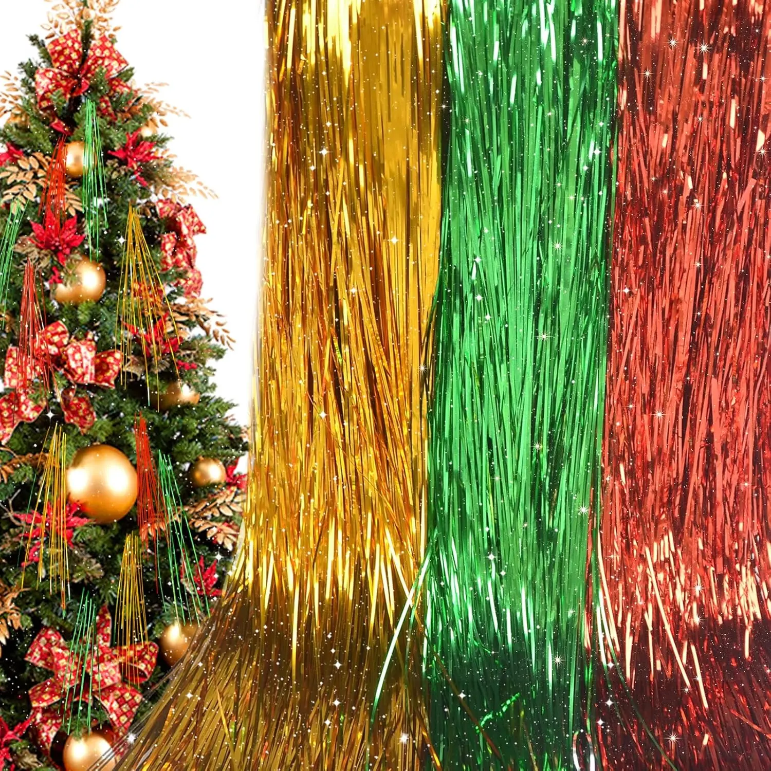 succulentlovers 22 Inch Christmas Tree Icicles Tinsel, 6000 Strands Red Green Gold Tinsel Foil Fringe Icicles, Shiny Icicle Tinsel Strands for Xmas Tree Holiday Birthday Party Wedding Decorations