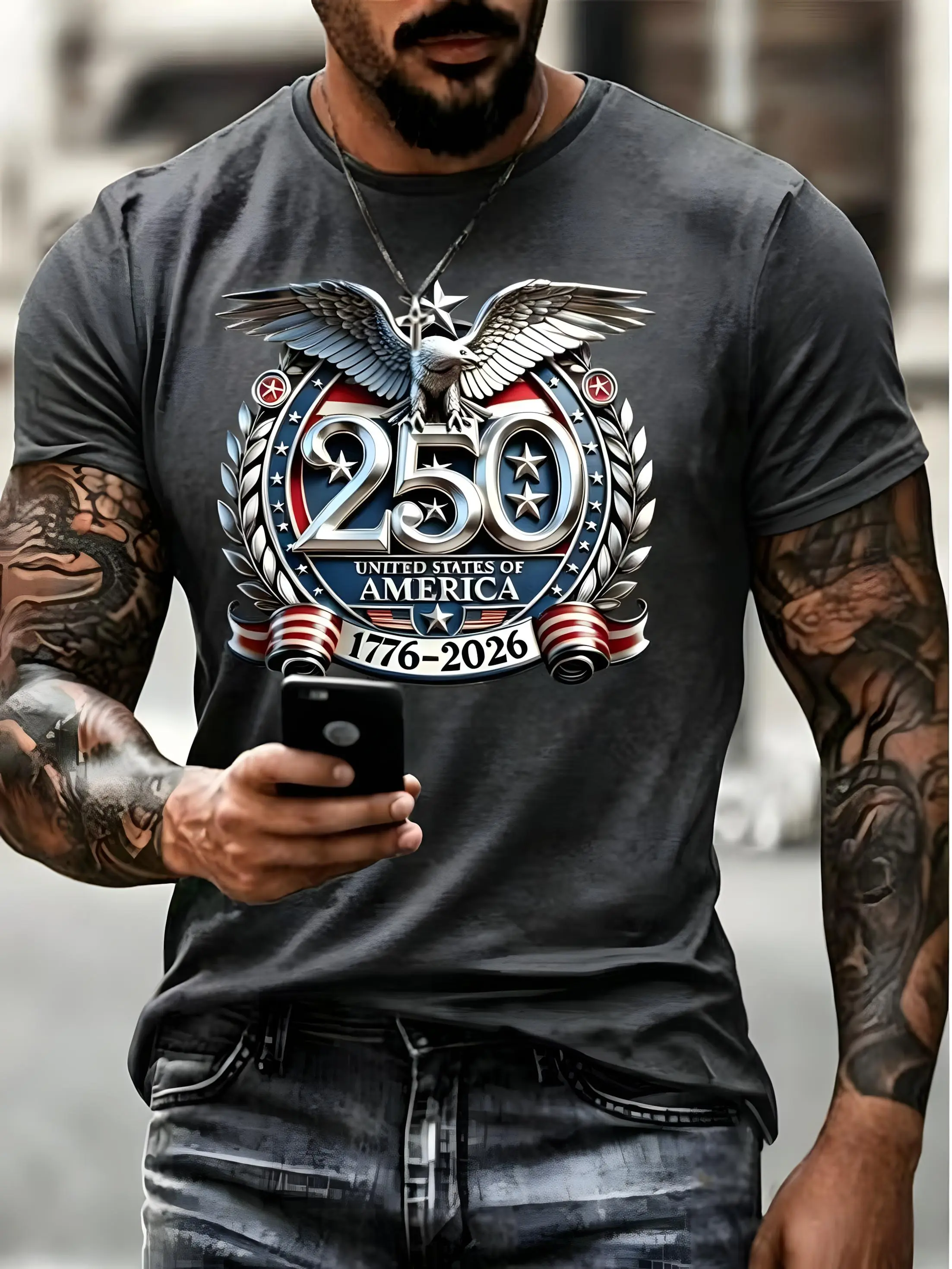 180g 100% Cotton 1776-2026 America 250th Eagle Crest T-Shirt, Viral Trending USA Patriotic Eagle Flag Graphic Short Sleeve Tee, Men Independence Day Casual Streetwear Top S-3XL