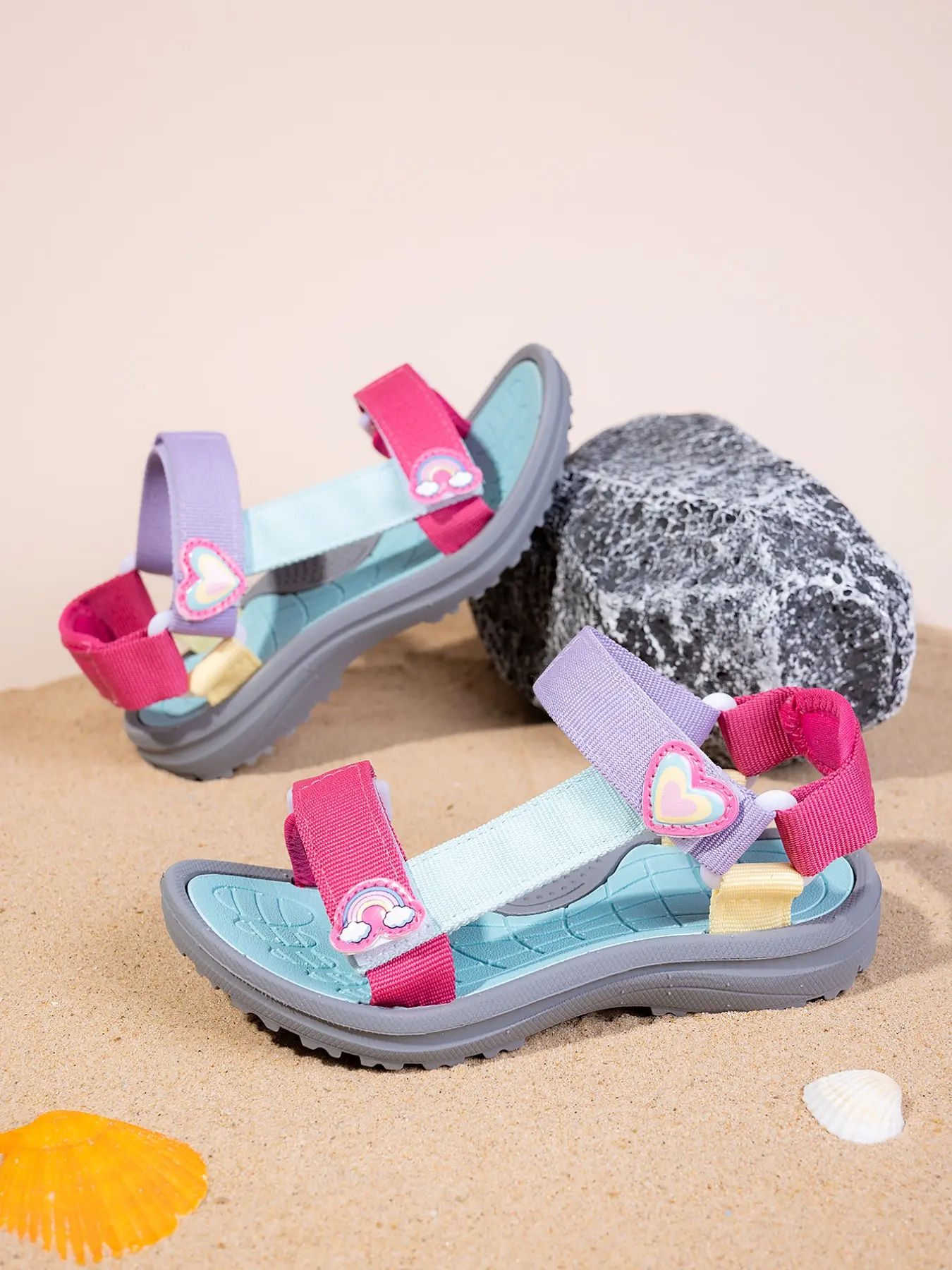 Girls' Colorblock Adjustable Strap Sandals, Spring Summer Beach Shoes, Sporty Style Eva Sole, Textile Upper, Rainbow Drop Design, Cute Outdoor Footwear, Little Girl Sandals