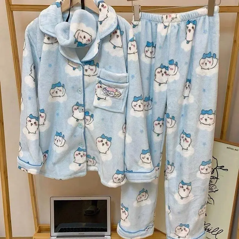 Chiikawa Winter Cute Women's Pajama Set Velet Plush Keep Warm Funny Cartoon Long Sleeved Tops Pants Girls Home Clothes Autumn
