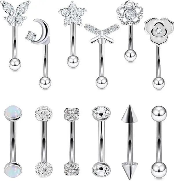 12PCS Rook Daith Piercing Jewelry 16G Stainless Surgical Steel Curved Barbell Eyebrow Rings Vertical Labret Lip Piercing Jewelry Rook Daith Earrings for Women Men