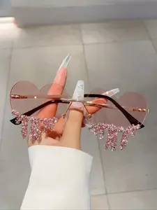 Women's Fashion Frameless Heart-Shaped Glasses, Sparkling Rhinestone Decor, Simple Jelly Color Plain Design Eyewear