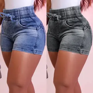 New Slim Fit Denim Shorts Women’s high-waisted hot pants with an elastic waistband and drawstring.
