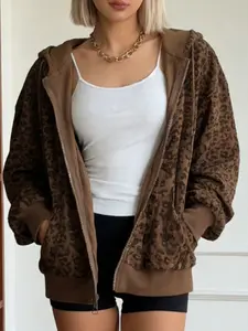 Women's Fashion Leopard Print Zipper Cardigan, Chic Casual Jacket Coat, Suitable for Daily Wear and Parties, Women's Clothing