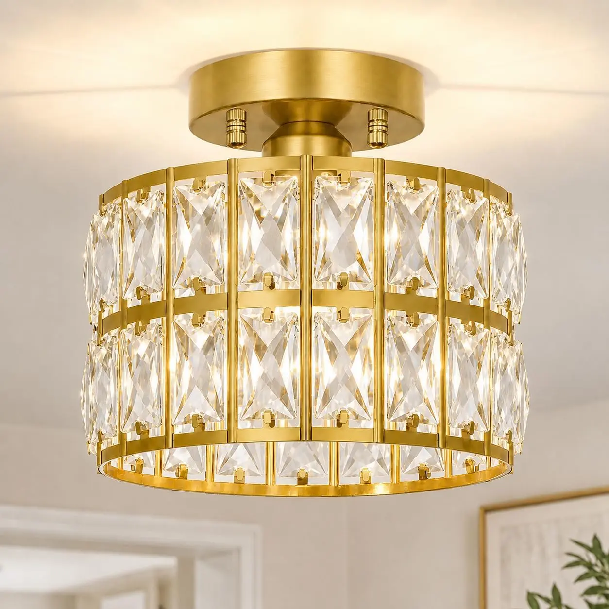 Lxybcce Crystal Ceiling Light Fixture, Modern Brushed Gold Semi Flush Mount Ceiling Chandelier Light for Hallway Entryway Kitchen Bathroom, Small Chandelier Light for Bedroom Closet, 1-Light, 9 Inch