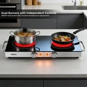 COKLAI Compact Portable Electric Double Plates Stove with Temp Control, Stainless Steel Easy-Clean Design, US Plug – Countertop Touch Hot Plate for Kitchens & Camping summervibes