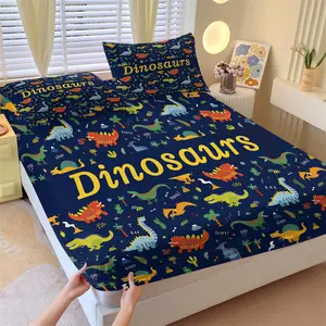 Navy Blue Cartoon Dinosaur-Themed Fitted Sheet Set & 2 Coreless Pillowcases, Exploratory & Full of Childlike Fun Mattress Protector, Soft Anti-Slip Wrinkle-Resistant, Boys' & Kids' Bedroom Decor, Gift Choice