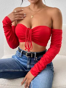 Women's Y2k Solid Off Shoulder Crop Tee, Fall Outfits, T Shirts for Women, Fallfreshness Elegant Ruched Drawstring Front Cropped Tee for Daily Dating Wear, Ladies Clothes for All Seasons Valentine's Day, gift