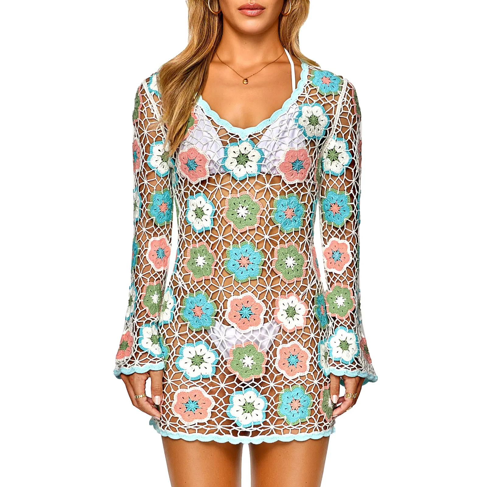 Fairy Season Women's Crochet Beach Cover Up Dress Boho Bell Sleeve 3D Camellia Embroidery for Vacation Pool Party Featherlight Versatile Cover-Up