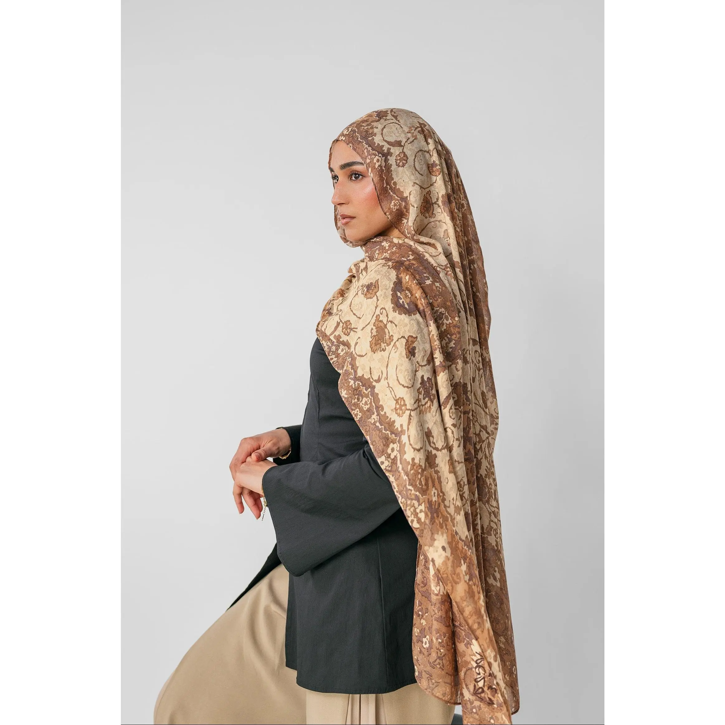 VELA Ivory Tapestry Print Modal Hijab for Women - Soft Dimensional Woven Head Scarf for Islamic Fashion, High Coverage for Special Occasions, Women's Clothes