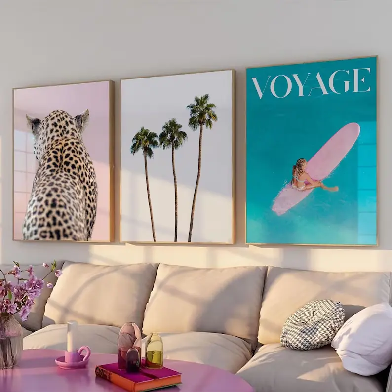 Preppy Summer Gallery Wall Art Set of 3, Leopard Print, Palm Trees Print, Surf Girl Magazine Poster, Coastal Aesthetic Beachy Wall Decor
