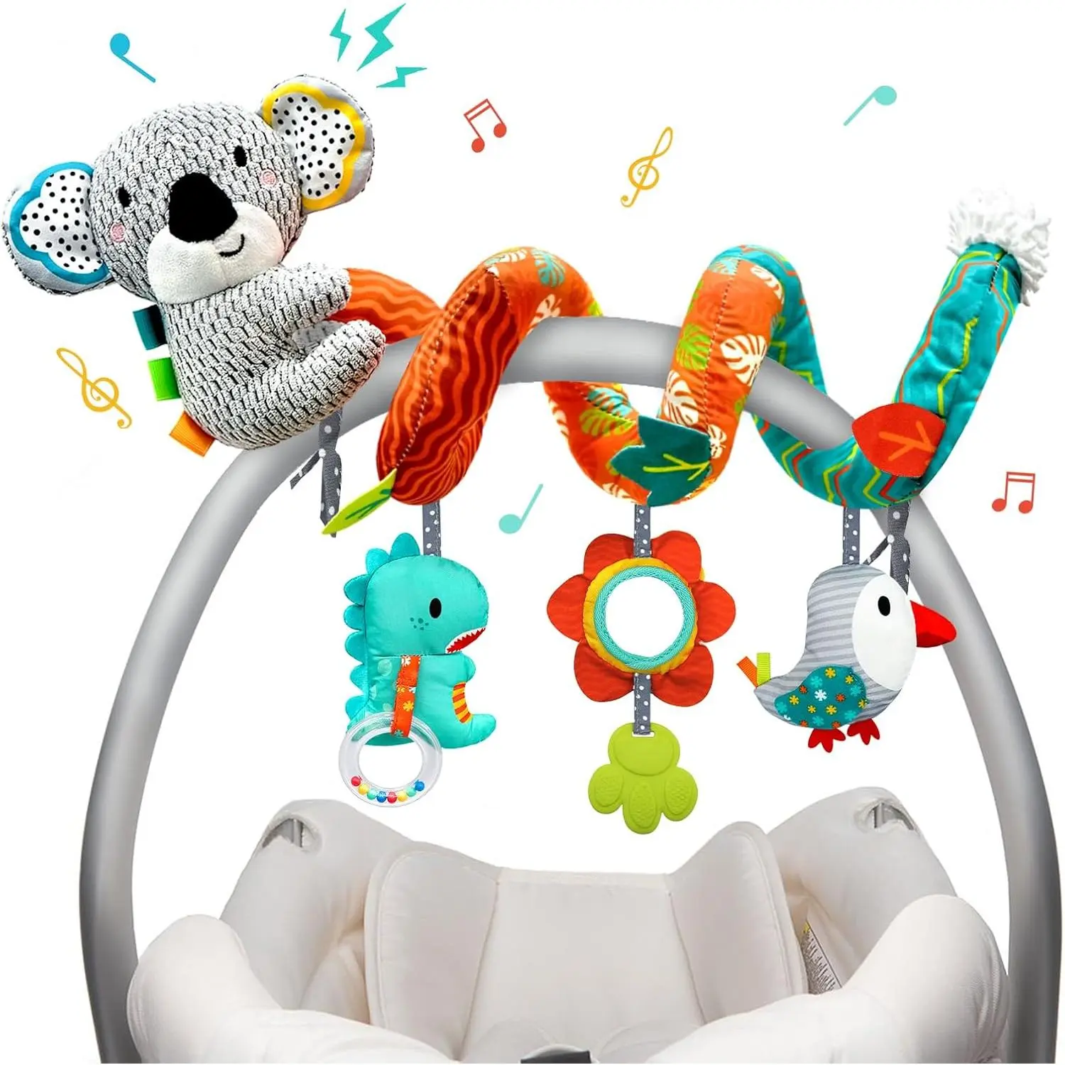 X-PLT08 Car Seat Toys Baby Toys 0-3 Months Developmental, Stroller Toys Infant Toys 0-6 Months Newborn Toys, Carseat Toys for Infants 0-12 Months with Dinosaur, Lion Mirror, Teether