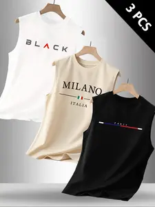 Men's 3-Piece Letter Print Round Neck Sleeveless T-Shirt Set, Casual Streetwear Classic Comfortable Top, Summer Outdoor Fitness Wear