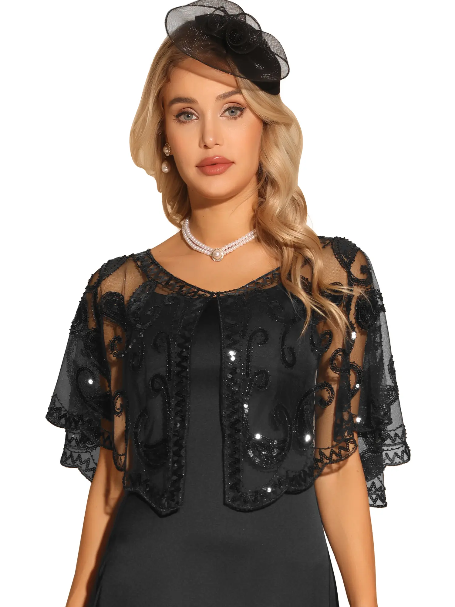 INSPIRE CHIC Retro Shawl Wraps Sequin Beaded Bridal Cover Up Evening Cape Flapper Bolero
