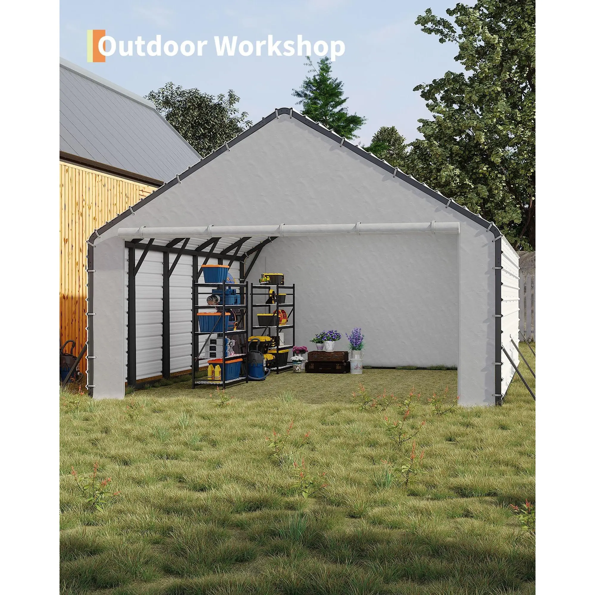 YJ-Garvee Heavy-duty PE Shade Cloth for Metal Carports (frame not included) — 220 g/m² roll-up door panel with zip fastening, suitable for 20x20-foot carports, complete with elastic cord, white fabric