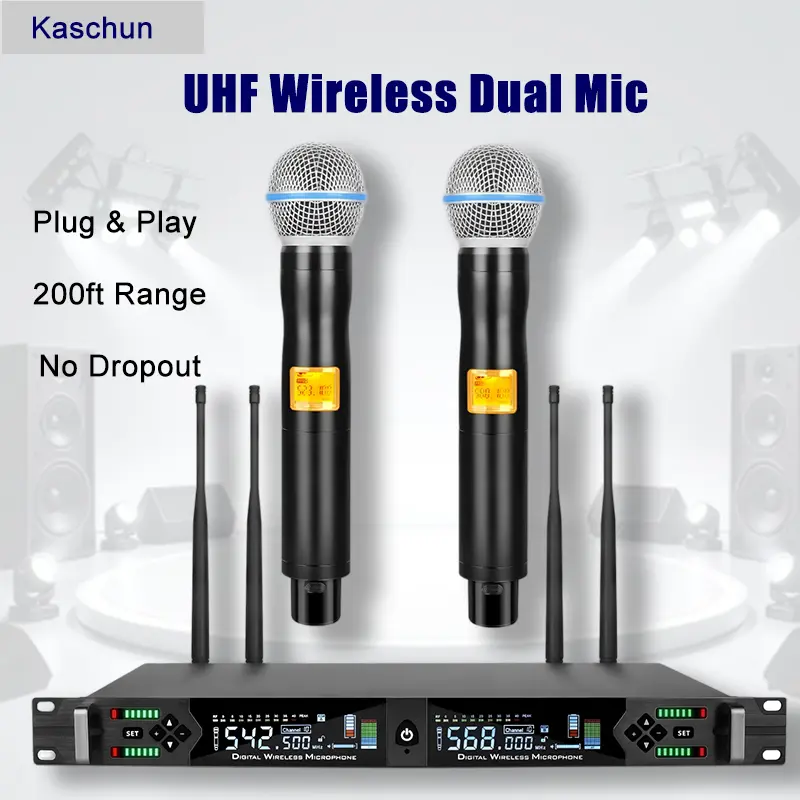 Kaschun 39D Professional Wireless Audio Microphone System - 2 Handheld Mics Set for Karaoke, Home Use