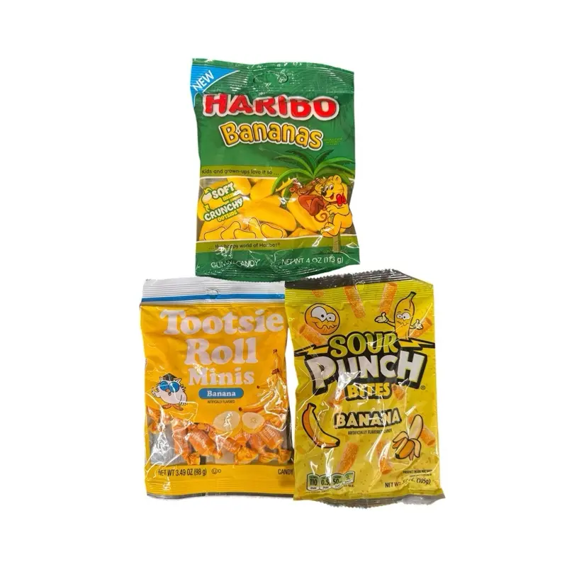 Banana Flavor Candy Pack of 3- Haribo Banana, Tootsie Rolls Banana, & Sour Punch Banana