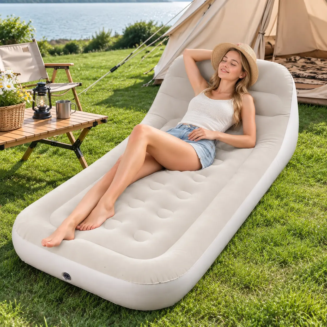 Inflatable Sofa with Backrest and Electric Air Pump, Comfortable Air Lounge Chair for Adults, Portable Inflatable Couch for Living Room, Bedroom, Camping, Indoor & Outdoor Relaxation