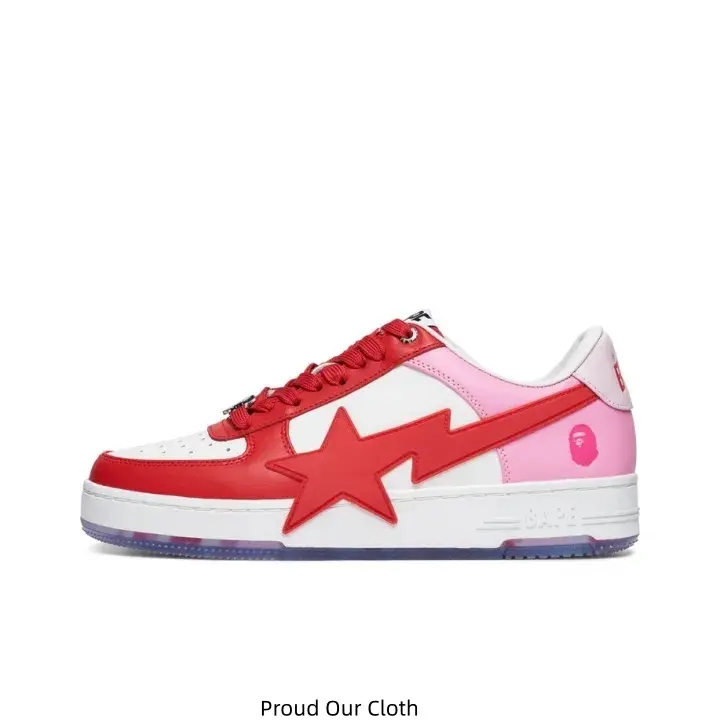 Red White Pink Color Block Leather Low Top Sneakers Red Star Lightning Side Logo Pink Cartoon Graphic Heel Transparent Outsole Street Fashion Skate Footwear