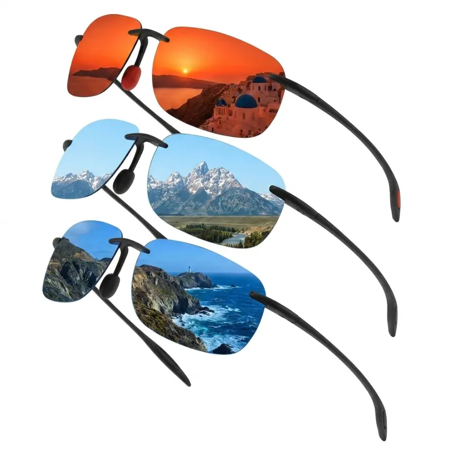 Men's Minimalist Rectangular Rimless Polarized Sporty Eyewear - Lightweight Black Metal Frame, Anti-Glare UV400 Lenses, Ideal for Outdoor Driving, Fishing, Lightweight Sports Shades
