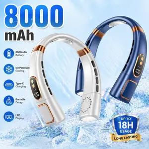 USB Rechargeable Neck Fan with Digital Display, 5-Speed Portable Hands Free Fan, 360° Cooling with Colorful Atmosphere Light