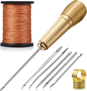 Pack of 6 Leather Sewing Awl Needle with Copper Handle, Upholstery Repair Kit 50 M Nylon Cord Thread and 2 Pieces Thimble for Handmade Leather Sewing Tools Shoes and Repair