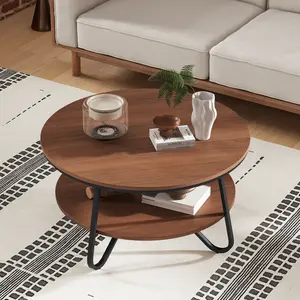 COSTWAY - 33.5 Inch Round Coffee Table with Wood Grain Finish and Heavy-duty Metal Frame-Walnut