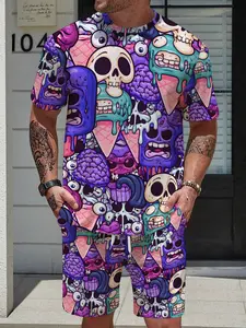 Men's Fashion Short Sleeve Shorts Set, Dark & Funny Skull Ice Cream Full Print, Mesh Fabric Breathable & Comfortable, Summer Streetwear Hip-hop Loose 2-Piece Outfit