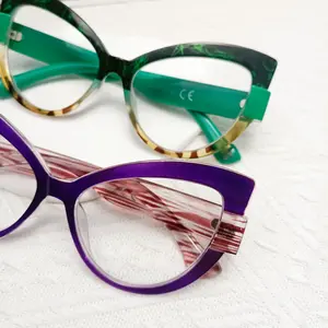 Blue Light Blocking Cat Eye Reading Glasses 100-400 Strength Fashion Oversized Frame Lightweight Anti Glare Presbyopia Readers for Women Retro Big Frame Computer Glasses Green Purple