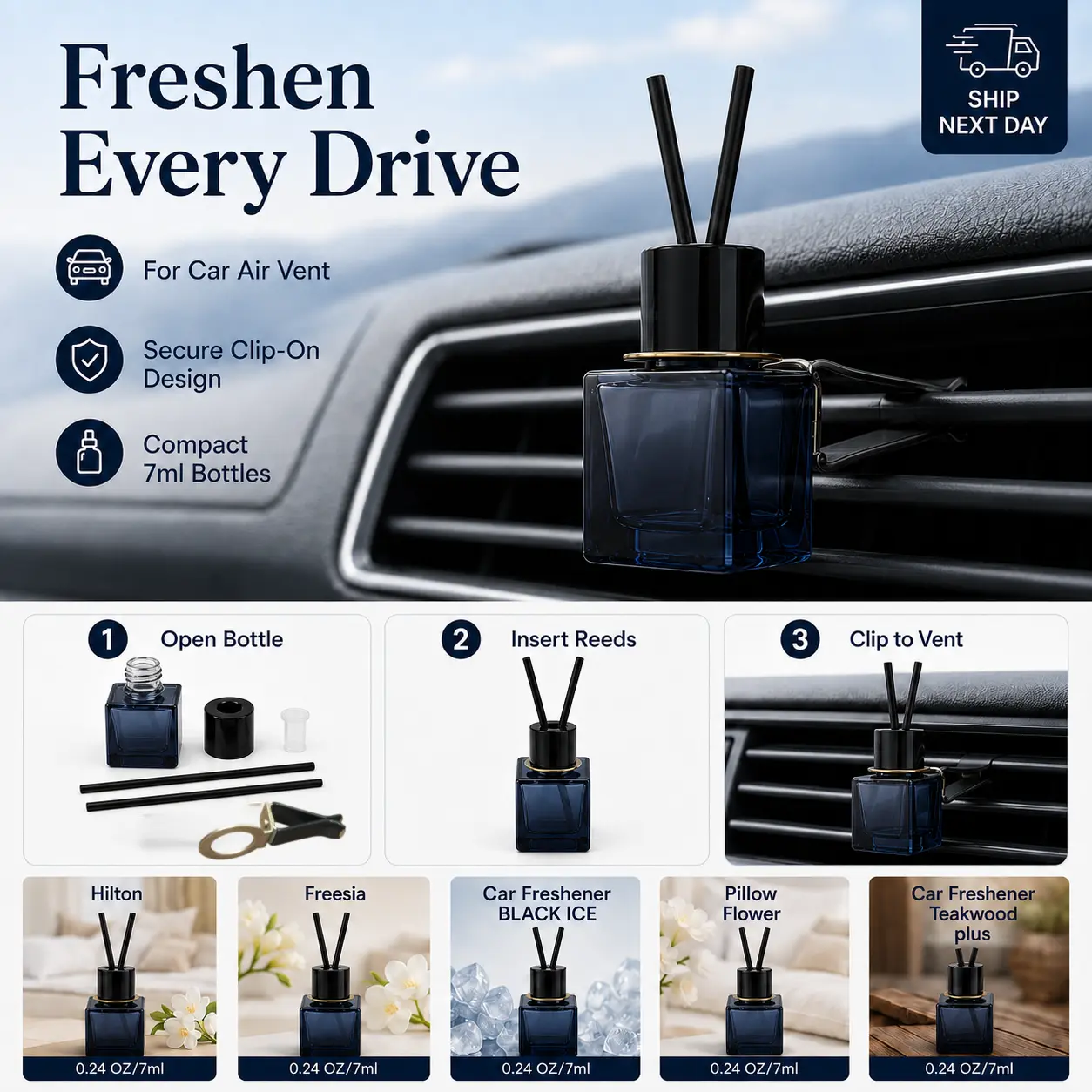 Car Vent Air Freshener Diffuser 2-Pack 7ml (0.24 fl oz) Clip-On Car Fragrance for Long Lasting Fresh Air, 5 Scents Available for Car Interior Use