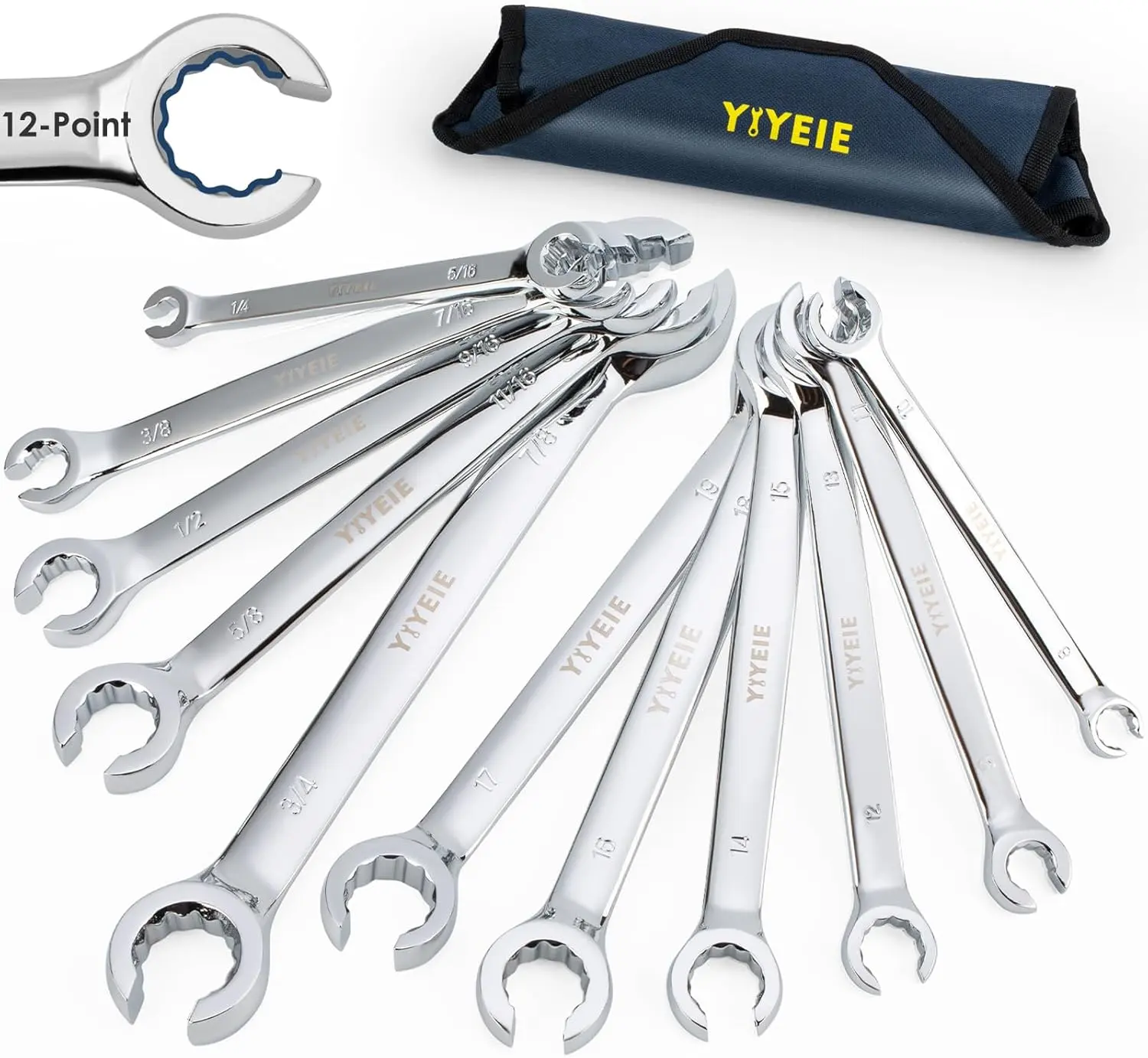 YIYEIE 11-Piece CR-V Steel Flare Nut Wrench Set - SAE Metric Tools, 12-Point Line Wrenches for Brake Line, Work Tools for DIY Maintenance (8mm-19mm, 1/4"-7/8") with Portable Rolling Pouch, 15-Angled Open End