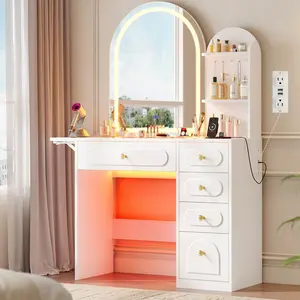 SIKAIC Arched Vanity Makeup Desk - Modern Lighted Makeup Storage Desk with LED Lighted Mirror, Charging Station, White Indoor Furniture