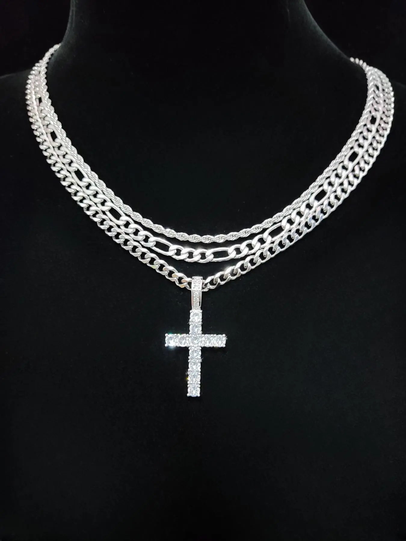 Street Style Rhinestone Decor Cross Chain Design Necklace Set, Including Cross Charm Necklace & Cuban Link Chain Necklaces, Fashion Jewelry for Party, Daily Decor, Exquisite Jewelry for Gift