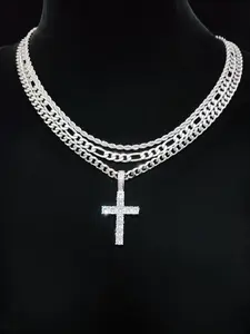 Street Style Rhinestone Decor Necklace Set, Including Cross Necklace & Cuban Link Chain Necklaces, Fashion Jewelry for Party, Daily Decor, Exquisite Jewelry for Gift