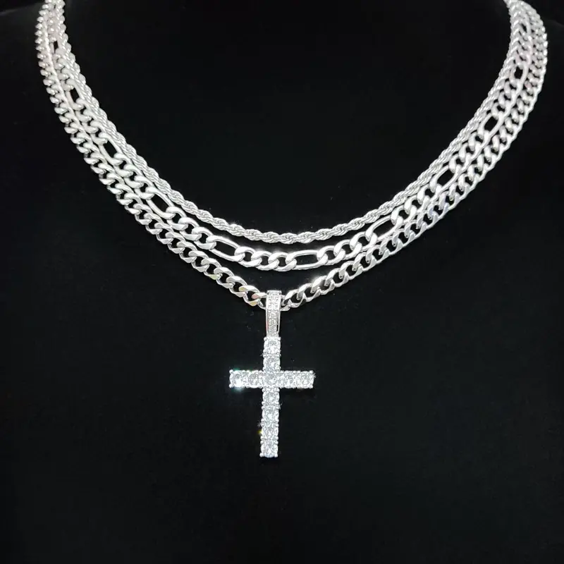 Street Style Rhinestone Decor Necklace Set, Rhinestone Decorated Necklace Including Cross Charm Necklace & Cuban Link Chain Necklaces, Fashion Jewelry for Party, Daily Decor, Exquisite Jewelry for Gift