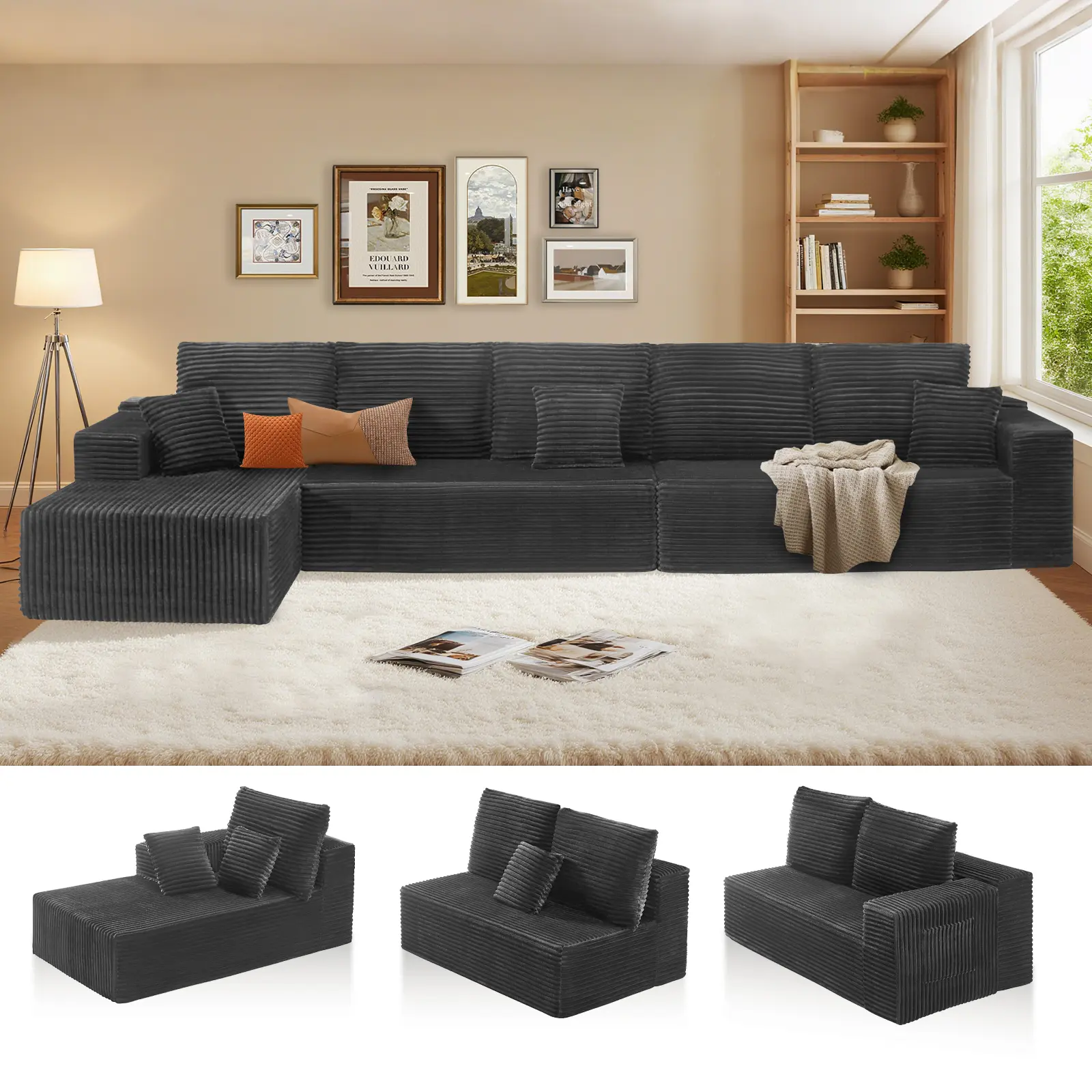 HSECOYAY Oversized 164'' L Shape Cloud Couch Plus Sectional Sofa with Chaise Modern Modular Sofa with 8 Soft Pillows & Lounge Chairs Boneless Upholstered Couches for Living Room Bedroom Plush Corduroy Fabric