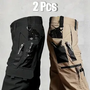 HOMUG Men's durable outdoor training pants, men's multi-pocket work pants, men's solid color and printed pocket zipper waterproof tactical cargo pants without belt, regular fit sports pocket durable autumn pants.