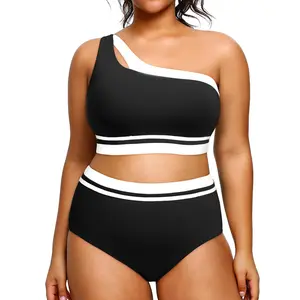 Aqua Eve Women Plus Size High Waisted Bikini One Shoulder Two Piece Swimsuit Color Block Bathing Suits