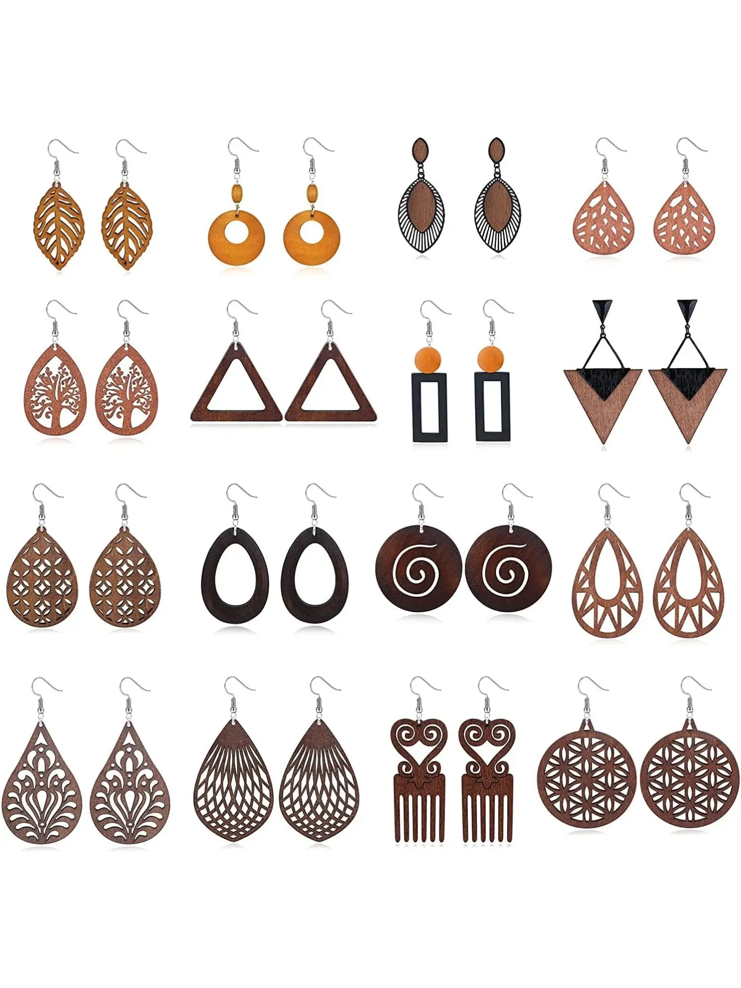 16 Pairs Earring Set Ethnic Wooden Dangle Earrings for Women African Earrings Natural Wood Teardrop Earrings Statement Lightweight Pendant Drop Hook Boho Earrings Vintage Jewellery Fashionable Earrings Stylish Jewelry Trendy Jewelry