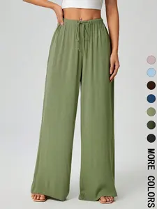 Women's Solid Color Tie Waist Wide Leg Pants,   Casual Trousers for Daily Wear, Ladies Bottoms for All Seasons