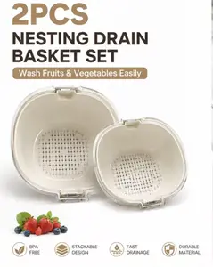 2PCS Nesting Colander Drain Basket Set, Beige Kitchen Utensils with Filter Holes, Strainer Bowls for Washing Fruits & Vegetables