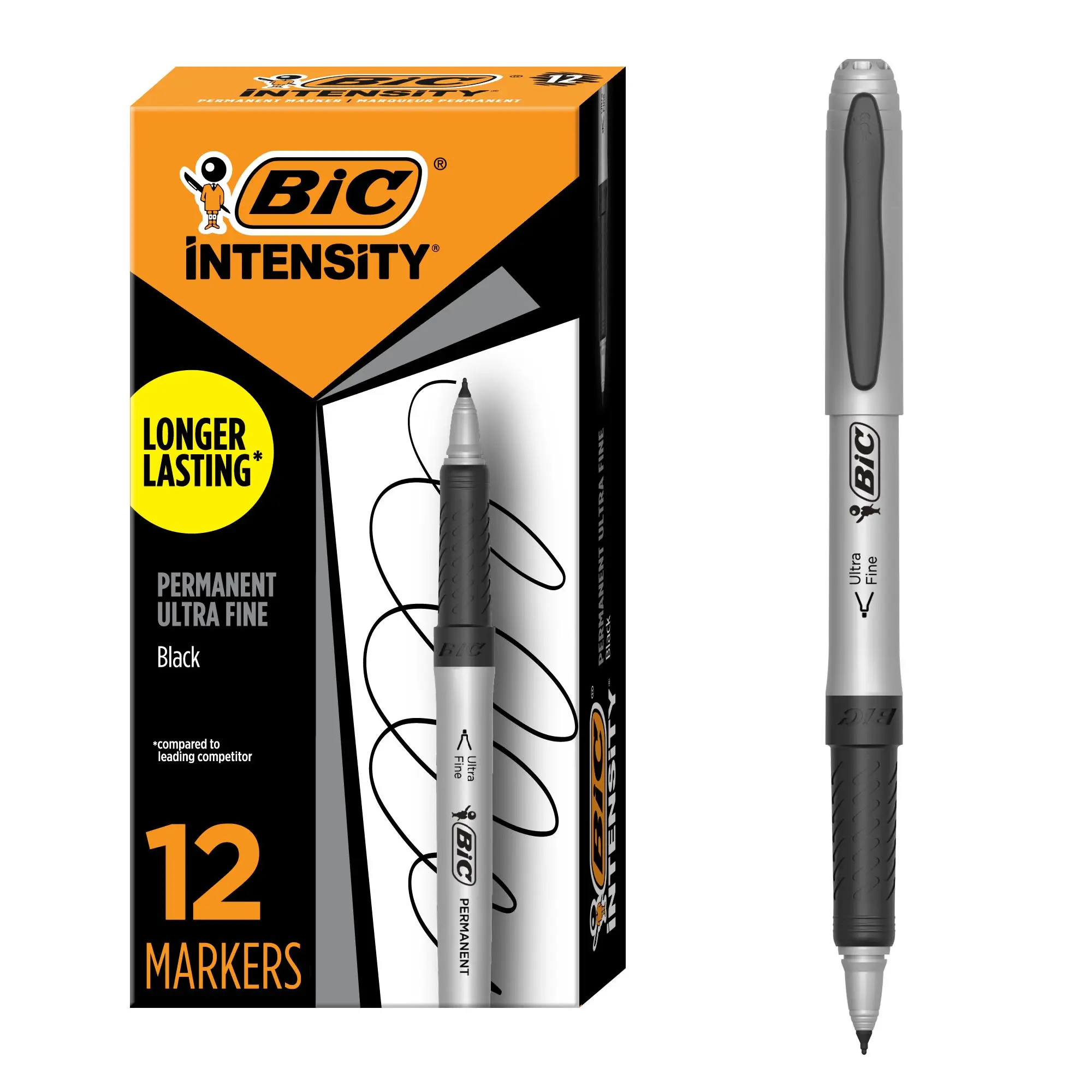 BIC Intensity Black Permanent Markers, Ultra Fine Point, 12-Count Pack of Black Markers with Non-Slip Grip for Comfort and Control