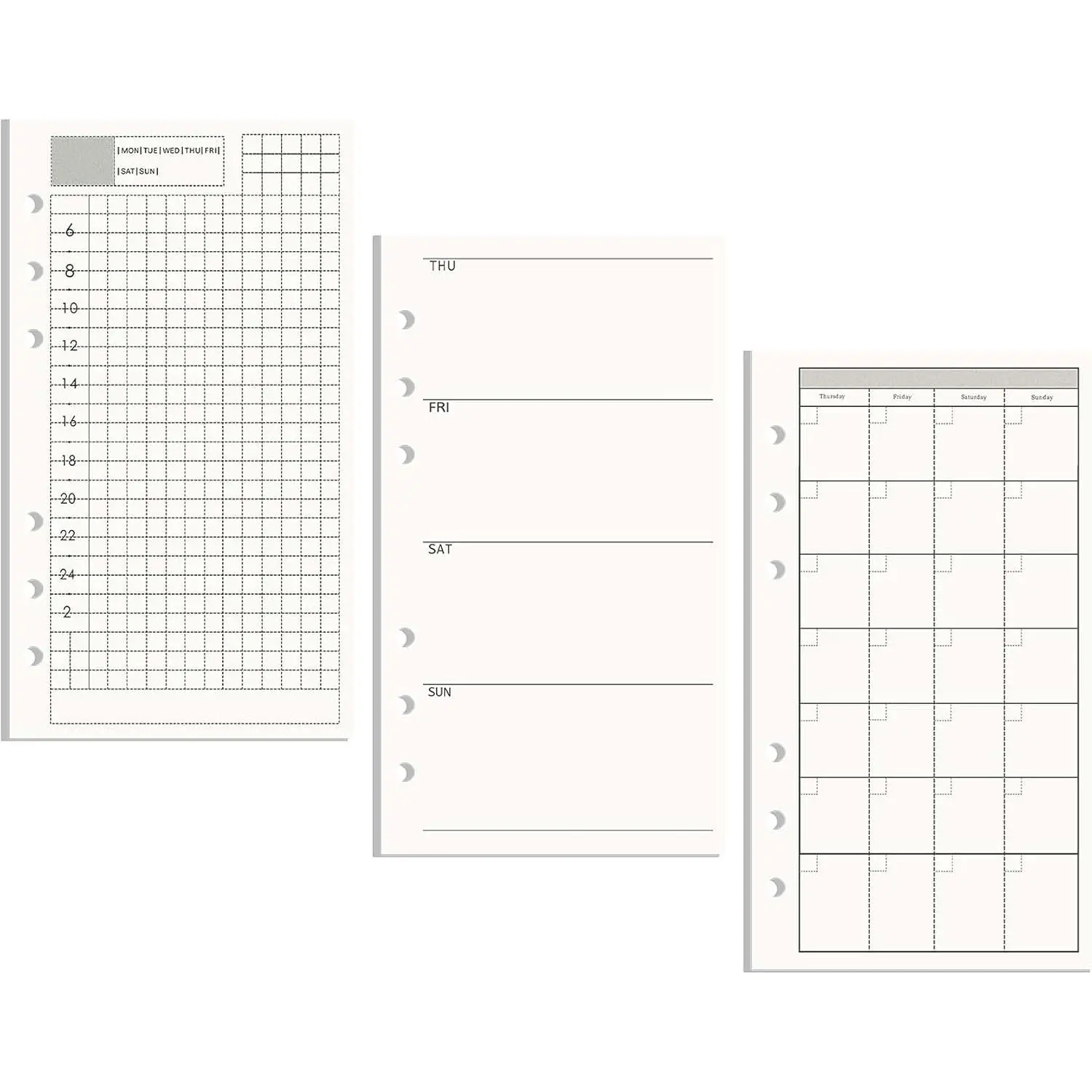 A6 Refill Paper 3 Pack Undated Daily Weekly Monthly Binder Inserts 6-Hole Punched Filler Paper Planner Refills, 135 Sheets/270 Pages Refillable Planner Binder Papers