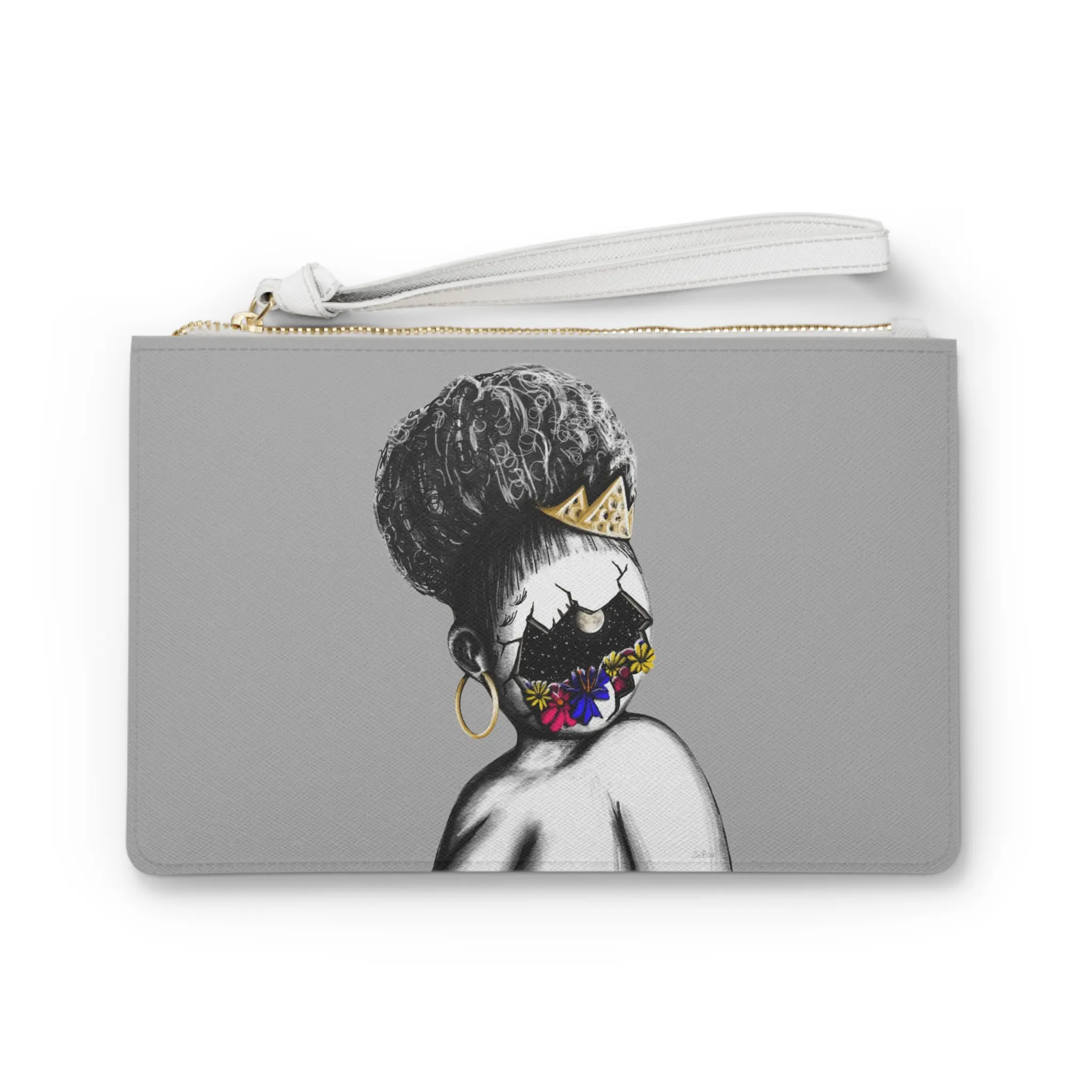 "Broken and Blooming" Crowned Afro Woman Clutch Bag | Floral Face Illustration