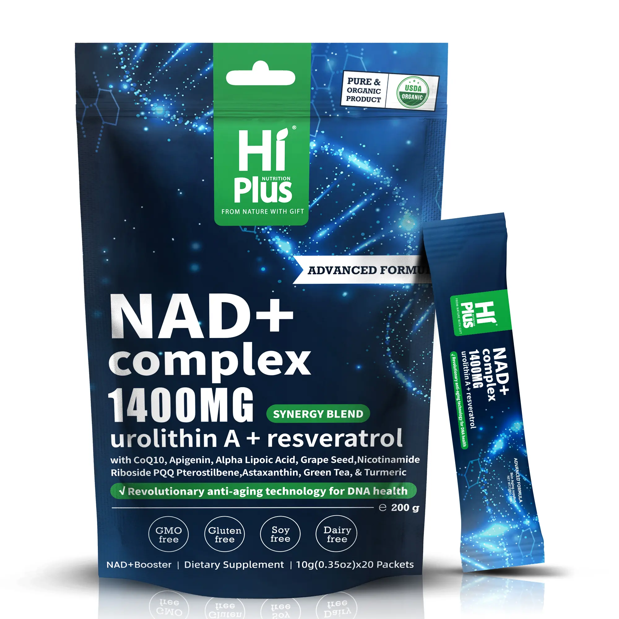 HiPlus NAD+ 1400mg Complex (200g) – with Urolithin A, Resveratrol & Quercetin – Advanced Mitochondrial & Cellular Energy Support – Promotes Healthy Aging & Vitality