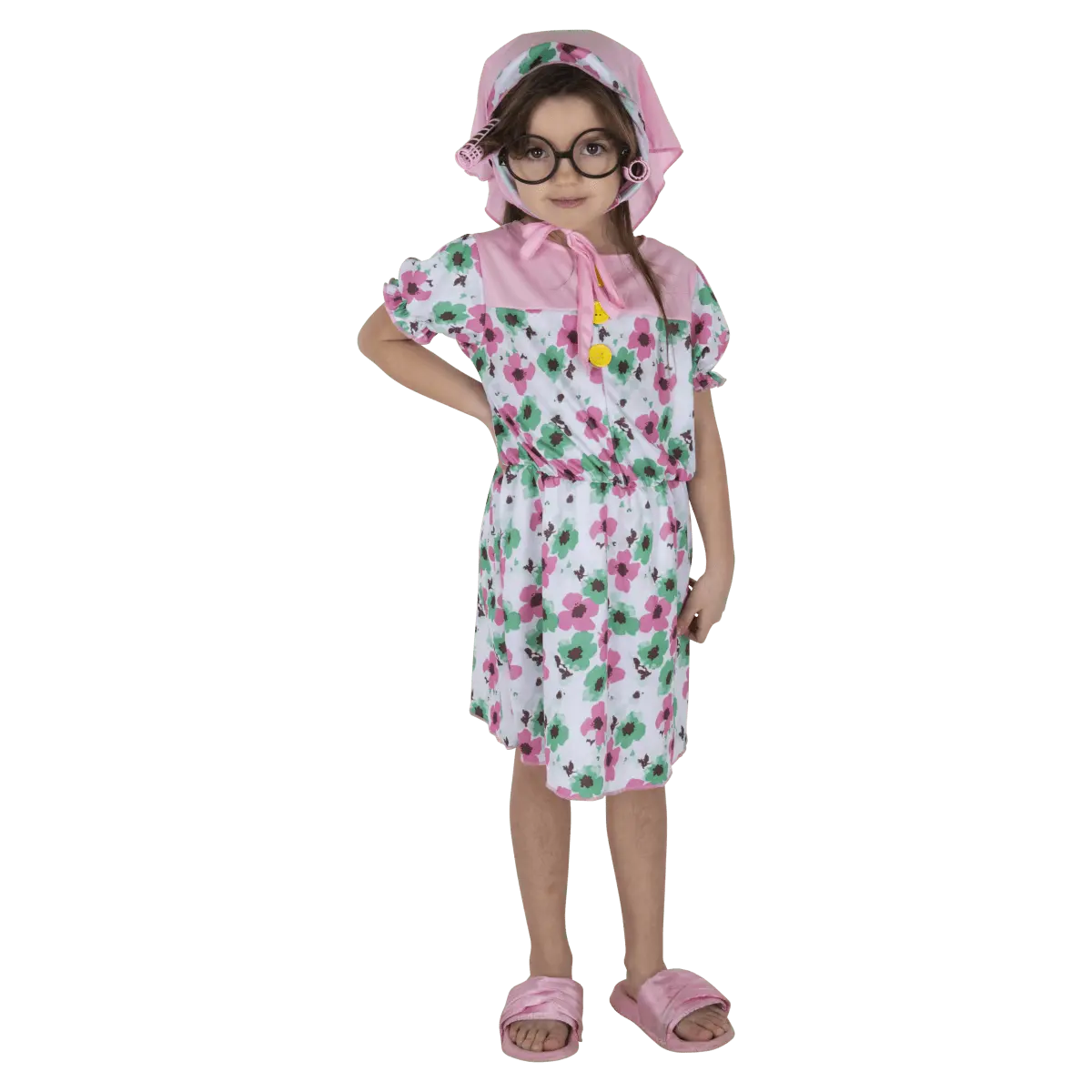 Granny Costume Dress For Kids (3-Piece Set)  | White Floral Dress with Headscarf & Hair Rollers - Perfect for Halloween, Pretend Play Fun ,Cosplay & Theme Party