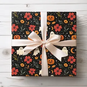 Halloween Wrapping Paper, Ghost Pumpkin Floral Gift Wrap, Spooky Season Boo Basket Paper, Cute Halloween Gift Wrapping Paper, Summerween , Best of gift, Meaningful gift. (Get 1 paper cutter when buying any 5 rolls)